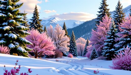 Whimsical Winter Forest Scene with Pastel Colors