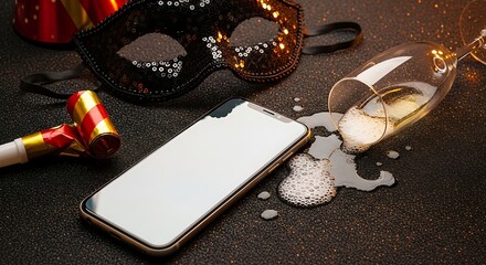 Smartphone lies amidst spilled champagne, party mask, and noisemaker on a dark, textured surface, suggesting a night of revelry and potential mishaps.