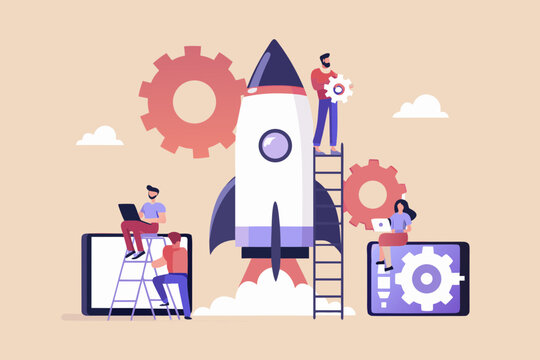 Team of people working together to build and launch a rocket ship symbolizing startup success and innovation