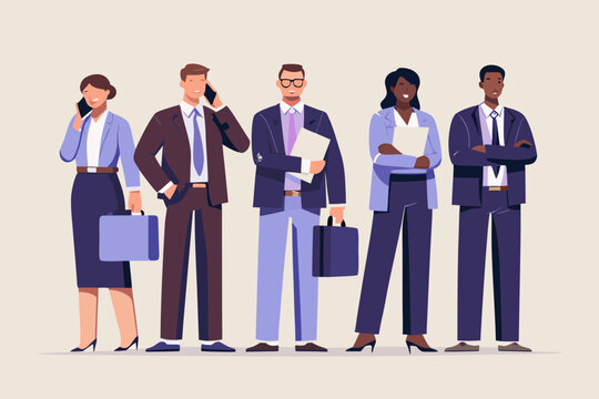 Diverse group of five business professionals in suits standing together with briefcases and phones