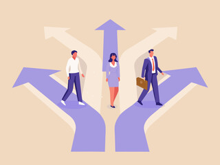 Diverse business people making different career choices at a crossroads with arrows indicating multiple paths forward