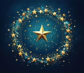 Golden star in the center surrounded by a circular wreath of smaller golden stars, musical notes, and sparkles on a dark blue background conveying magic and celebration