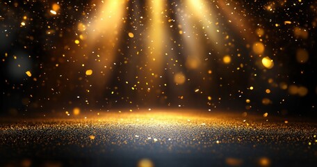 Golden particles sparkling and glowing under multiple warm beams of light on a dark background creating a festive and magical atmosphere