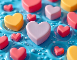 Obraz premium Heartshaped Soap Bars with Bubbles Blue Background