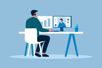 Man working at a desk with two computer monitors one showing a bar graph and the other a video call