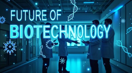 Three scientists in lab coats discuss the future of biotechnology in a modern laboratory setting.