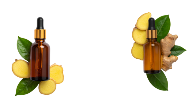  Ginger root and essential oil bottle bundle with green leaves, isolated on transparent background