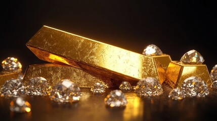 Shiny gold bars stacked with sparkling loose diamonds scattered around on a reflective dark surface