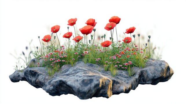 vibrant red poppies and small pink flowers growing amidst green grass on a rugged rocky surface under bright light - Powered by Adobe