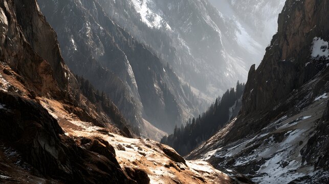 Dramatic shadows define a narrow, rugged mountain pass leading into misty heights
