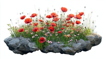 Floating rock with vibrant red poppies and small pink flowers growing amidst green grass under bright daylight