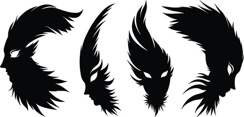 Abstract fantasy faces with flame hair silhouettes, mysterious female profiles, artistic fire element illustration, mythical spirit concept in black vector design