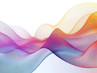 Abstract flowing wave of colorful translucent mesh lines blending from purple and blue to orange and red on white background