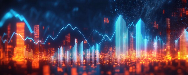 Futuristic digital cityscape with glowing skyscrapers and dynamic financial graphs in blue and orange tones conveying technology and data flow