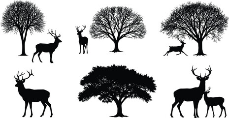 Beautiful silhouette illustration of deer and trees in nature, wildlife forest landscape with majestic animals and woodland scenery under clear sky, vector design © Md