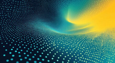 Abstract digital wave pattern with glowing blue and yellow dots creating a dynamic, flowing, and vibrant visual effect