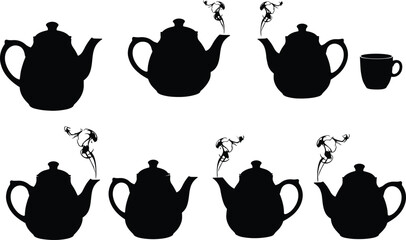 Collection of black teapot and teacup silhouettes with artistic steam designs, elegant tea brewing concept illustration for café, kitchen, or vintage decoration themes