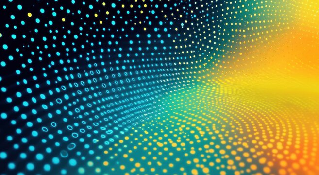 Abstract digital wave composed of blue and yellow dots flowing and blending in a dynamic gradient pattern conveying movement and technology