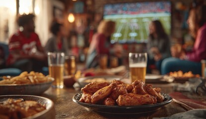 A gathering of enjoys a meal with beverages while watching a televised sporting event on a screen.
