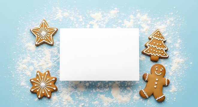Gingerbread cookies and blank card arranged on light blue surface with flour create festive holiday scene for seasonal greetings and messages. - Powered by Adobe