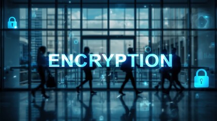 Silhouetted figures walking through a modern office space with an emphasis on digital encryption concepts.