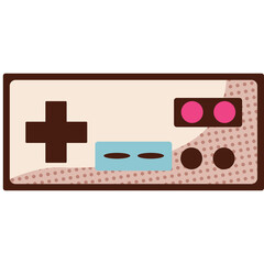 Obraz premium Retro video game controller with a cross directional pad and buttons in brown and pink colors against a cream background with dotted texture