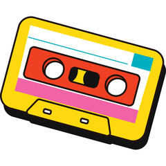 Retro Yellow Audio Cassette Tape With Red Pink Blue Label And White Paper Label Space 1980s Style With Transparent Background