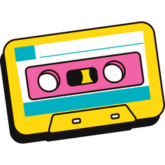 Retro yellow audio cassette tape with pink and teal accents on a transparent background a nostalgic symbol of vintage music and analog sound.