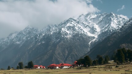 Snowcapped Himalayan peaks tower over a cluster of buildings in a high altitude valley