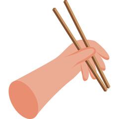 Right Hand Holding Two Brown Wooden Chopsticks Against Transparent Background in a Neutral Pose