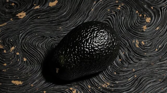 A glossy avocado sits on a textured, abstract black and gold surface