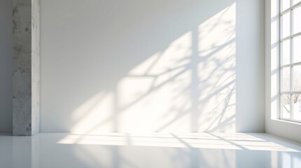 Obraz premium A minimalist white room with a concrete pillar, large window casting tree shadows, and reflective floor.