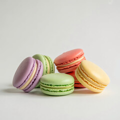Obraz premium A colorful assortment of macarons piled together on a white surface in a studio setting close up view