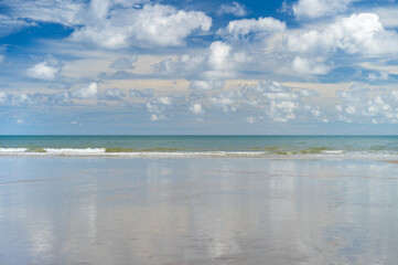 Fototapeta premium seascape landscape and skyline background by sea sand beach or island with horizon and nature white clouds on blue sky daylight for summer holiday travel at rayong in thailand and use cpl filter