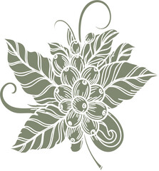 Stylized Coffee Plant Illustration with Beans Leaves and Flower.