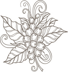 Decorative Hand-Drawn Coffee Plant Illustration with Beans Leaves and Flower.
