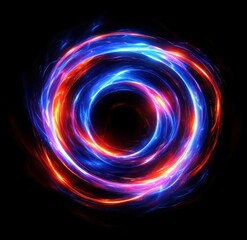 Vibrant swirling rings of glowing blue and red light creating an intense, energetic vortex with a dark center, emitting dynamic and fiery visual energy