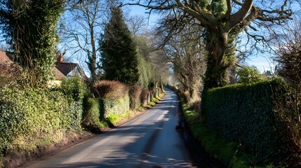 Narrow country lane winds between tall hedges and overhanging trees under a bright sky