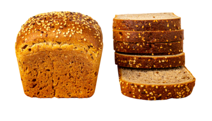 Dark whole grain bread bundle with sesame seeds, isolated on transparent background