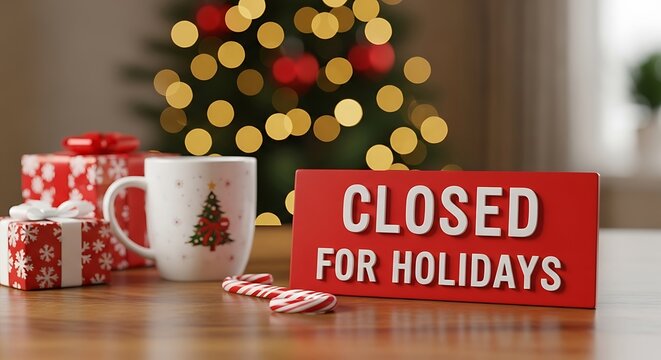 A festive scene with a closed for holidays sign, christmas tree, gifts, and a mug, creating a cozy and inviting atmosphere