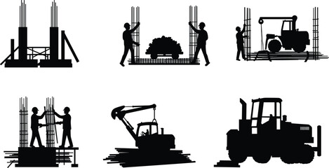 Naklejka premium Construction workers and heavy machinery silhouettes at building site, teamwork and engineering concept, industrial development, construction process, architecture and infrastructure progress