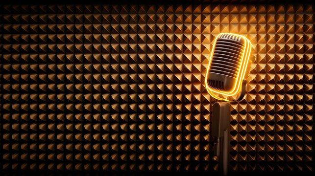 Vintage style microphone glows with an orange outline against a backdrop of pyramidal sound absorption panels - Powered by Adobe