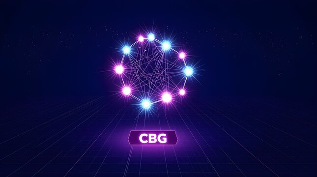 CBG Molecule Holographic Network	2D neon molecular structure of cannabigerol (CBG) glowing in digital blue tones