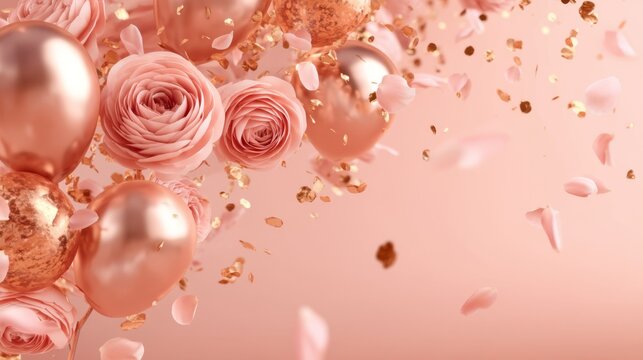 Celebration background with pink roses and balloons, rose gold and pink, for weddings and parties with copy space