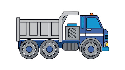 A heavy blue dump truck isolated on white is a construction vehicle used for cargo transport and delivery