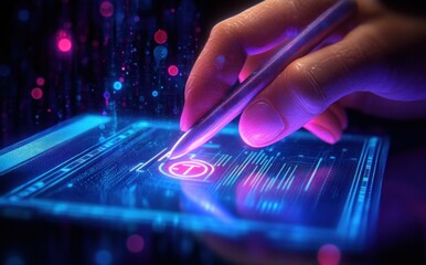 Close-up of a hand using a stylus to interact with a glowing digital touchscreen displaying futuristic data and technology interface in neon blue and pink hues