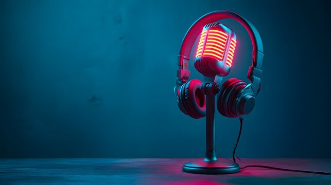 Retro style microphone and modern headphones illuminated by neon light in a dark  setting - Powered by Adobe