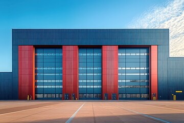 Fototapeta premium Modern industrial warehouse building with large red and blue sectional doors under clear sky