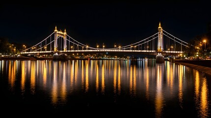 Obraz premium Illuminated suspension bridge spans dark water reflecting bright yellow lights at night