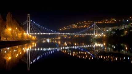 Fototapeta premium Illuminated modern cable-stayed bridge spans a dark river reflecting urban lights at night